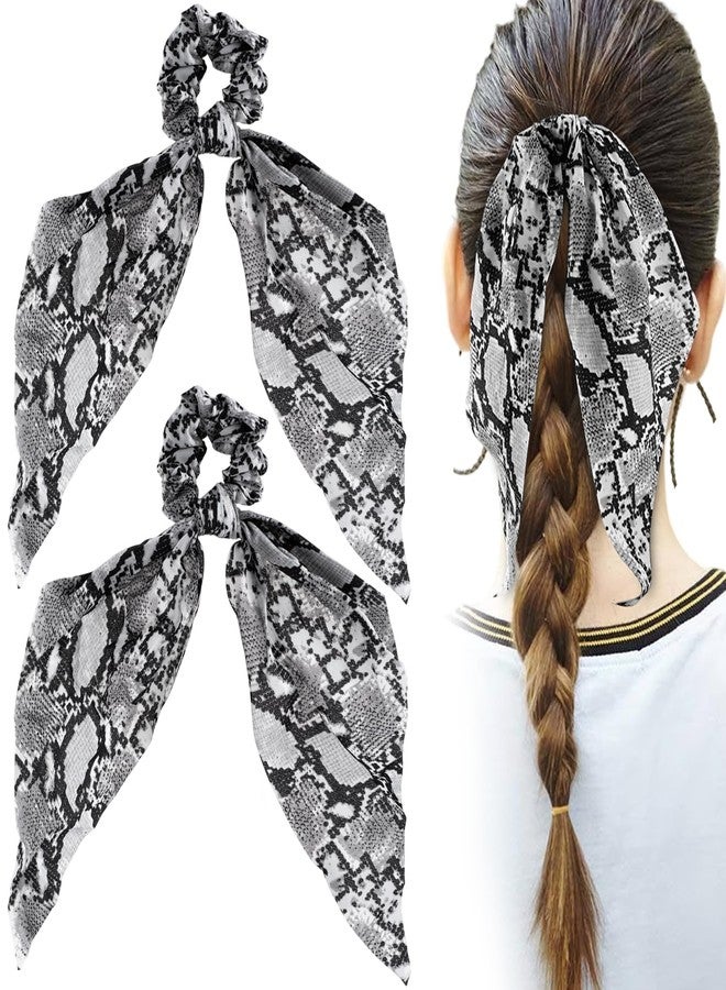 Mxxipp 2pcs Snake Print Bow Hair Tie, Elastics Non-Slip Bow Scrunchies Band, Soft Long Tail Bowknot Ties Ponytail Holder Accessories for Curly Straight Thick Fine Hair- Grey - Image 1